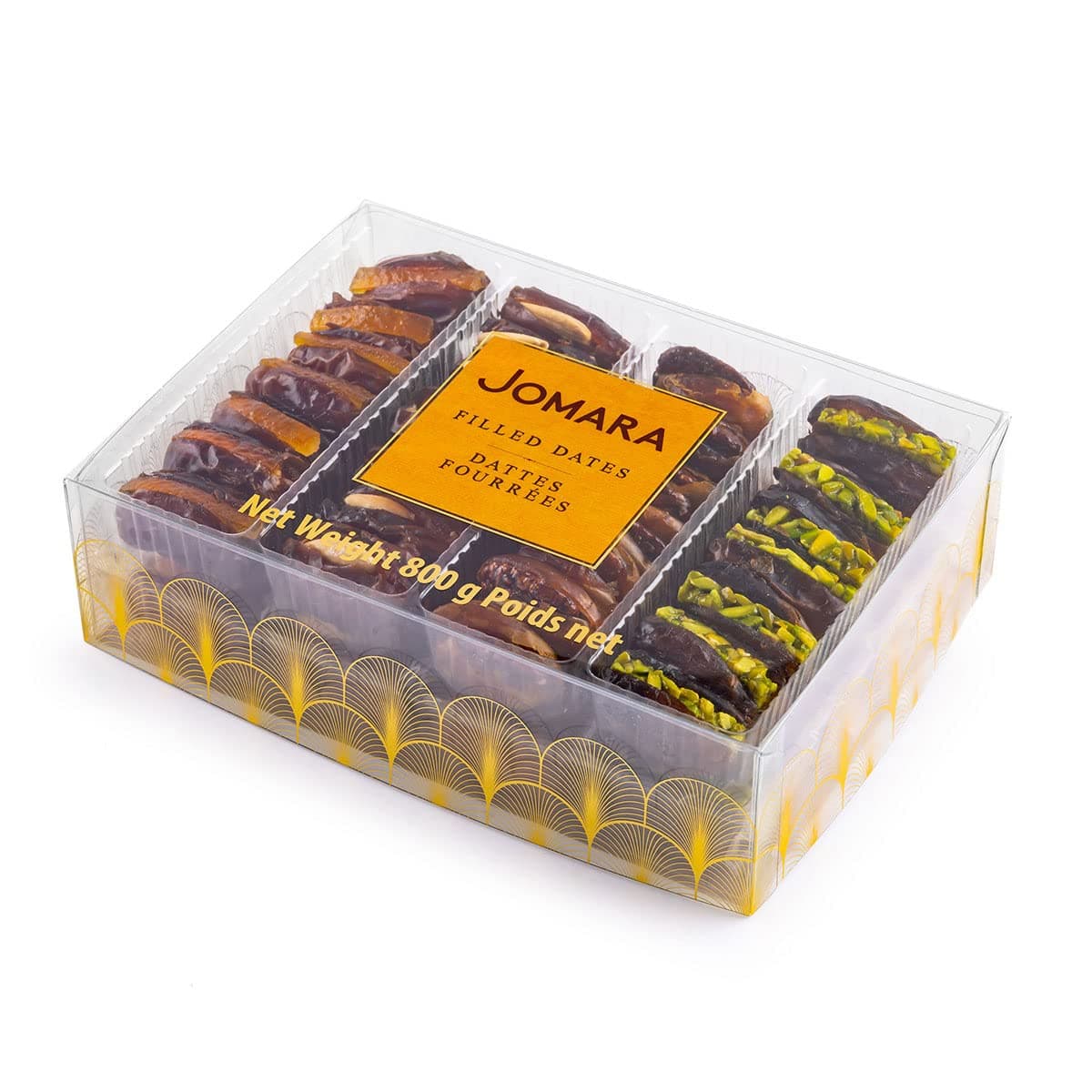 Jomara Premium Filled Dates Mix Pack 4 Flavors | 28oz / 800g | Natural Dates filled with Orange Peel, Caramelized Pecan, Roasted Almond or Pistachio| Healthy Dried Fruit for Snacking | Natural Source