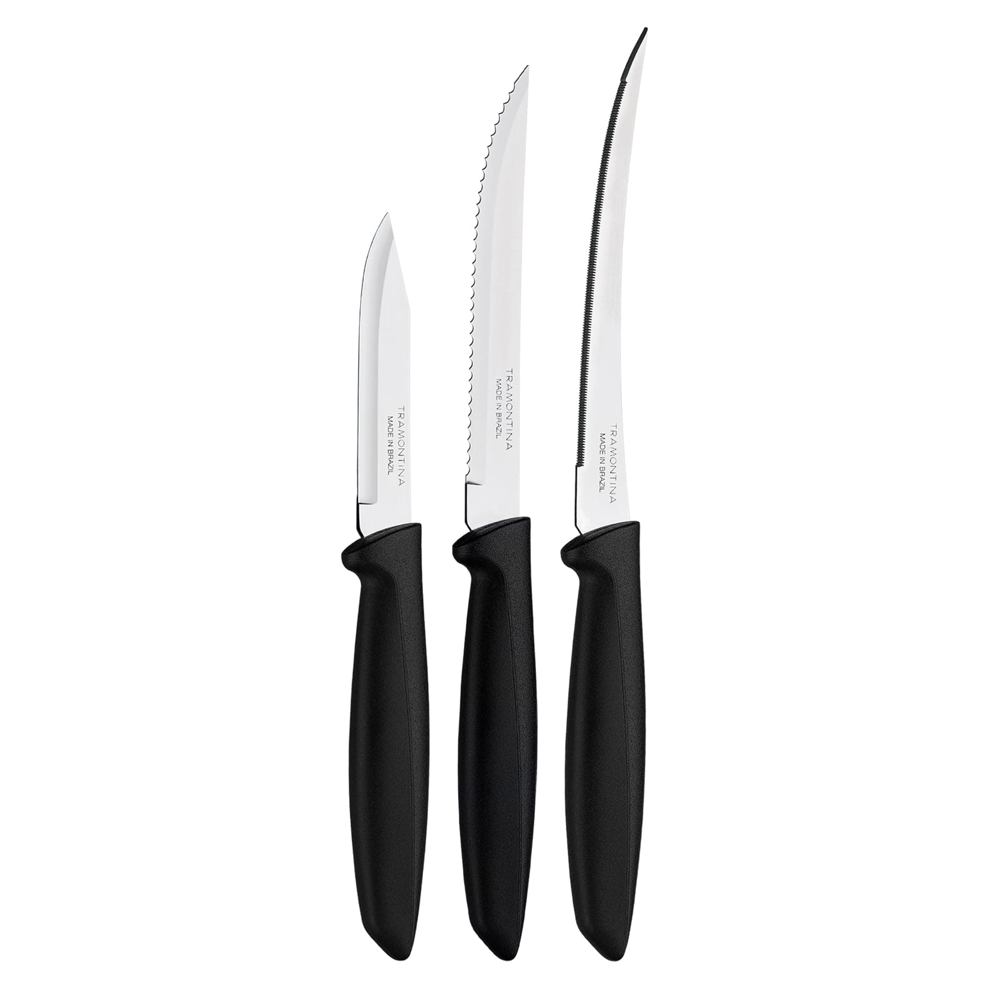 TRAMONTINA Plenus 3-Piece Knife Set | Stainless Steel Blades with Black Polypropylene Handles | Serrated Fruit & Tomato Knife + Plain Edge Vegetable & Fruit Knife | Dishwasher Safe.