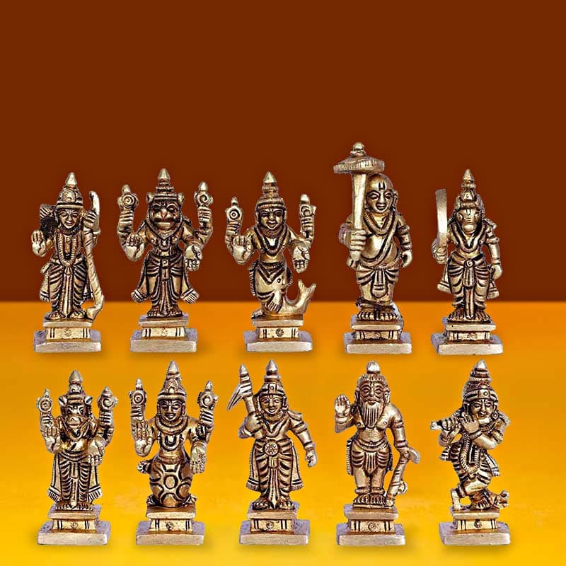 ARTVARKO Brass Dashavatara Dasavatharam of Lord Vishnu Statues Ten Incarnations Avatars Idol Murti for Mandir Puja Temple -Height 2.5 Inches