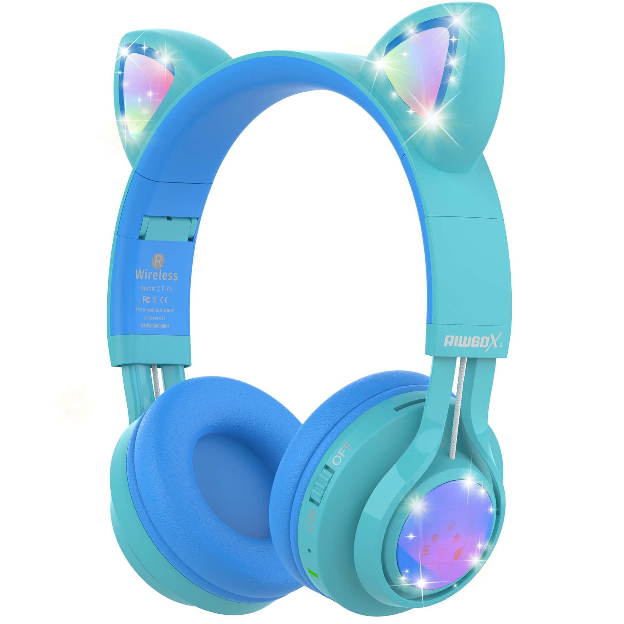 Riwbox CT-7S Cat Ear Bluetooth Headphones, 85dB Volume Limiting, LED Light Up Kids Wireless Over Ear Headphones with Microphone, Blue&Green