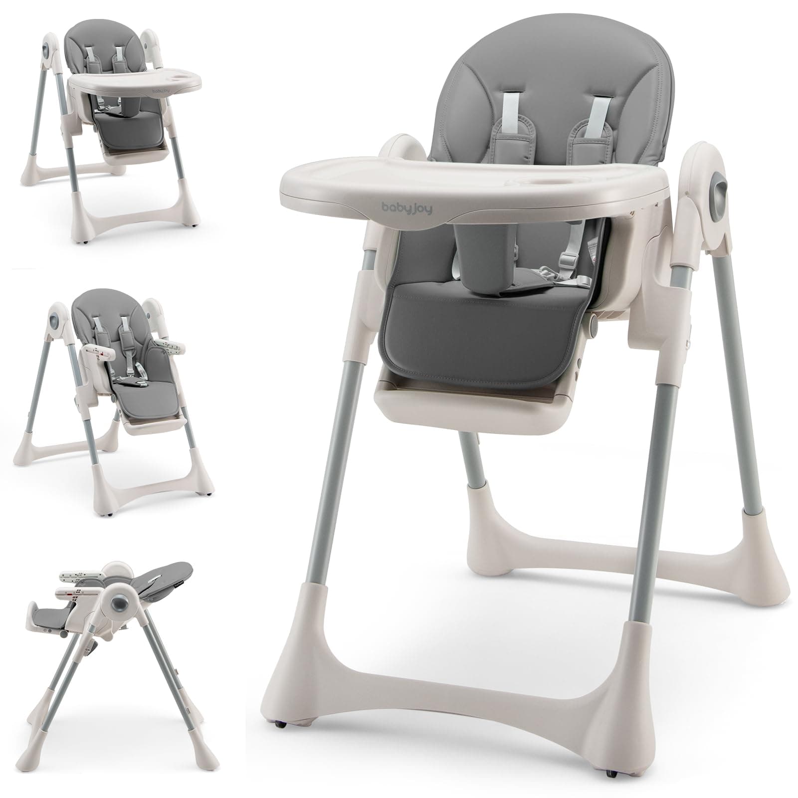 Baby High Chair, Foldable Infant Dining Chair with Wheels, Adjustable Height, Backrest & Footrest, Removable Double Tray and 5-Point Safety Harness, Toddlers Highchair for 7-36 Months (Grey)