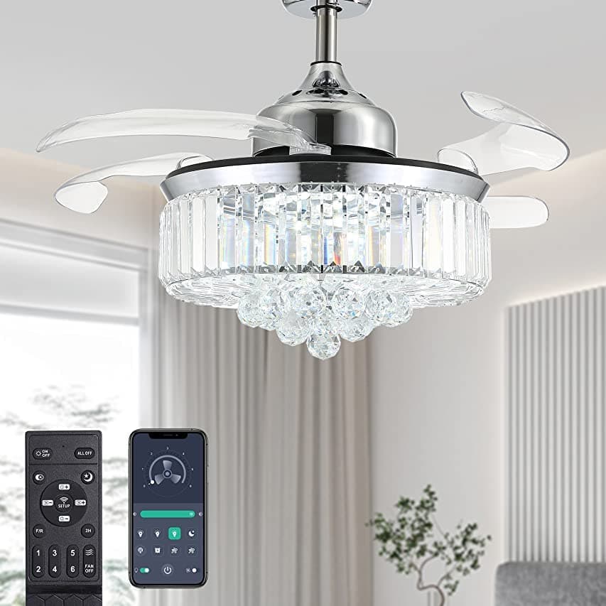 Moooni Dimmable Fandelier Crystal Ceiling Fans with Lights and Remote Modern Invisible Retractable Blades Chandelier Fan LED Ceiling Fan Light Kit for Bedroom -Polished Chrome 36 Inches