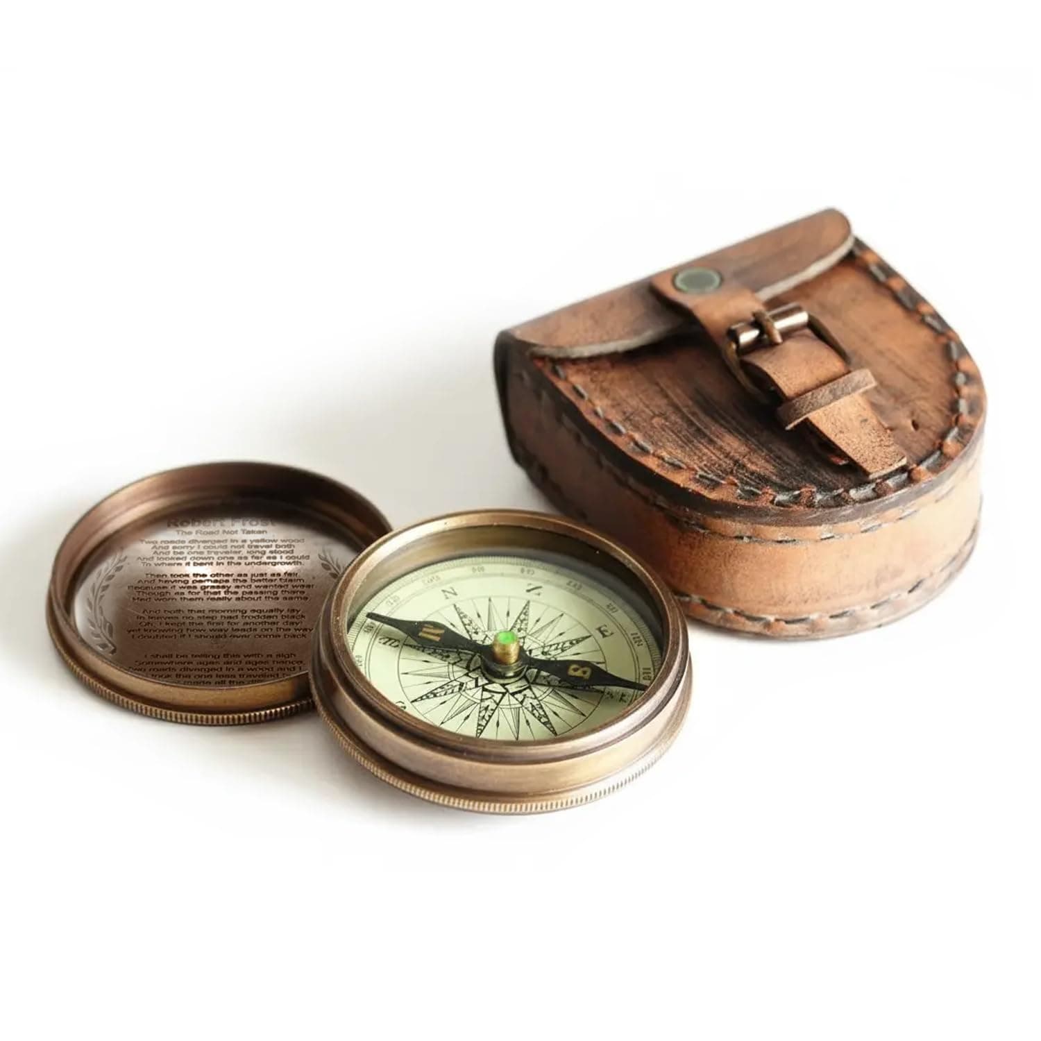 Wind & Weather Antiqued Brass Poem Compass With Leather Case