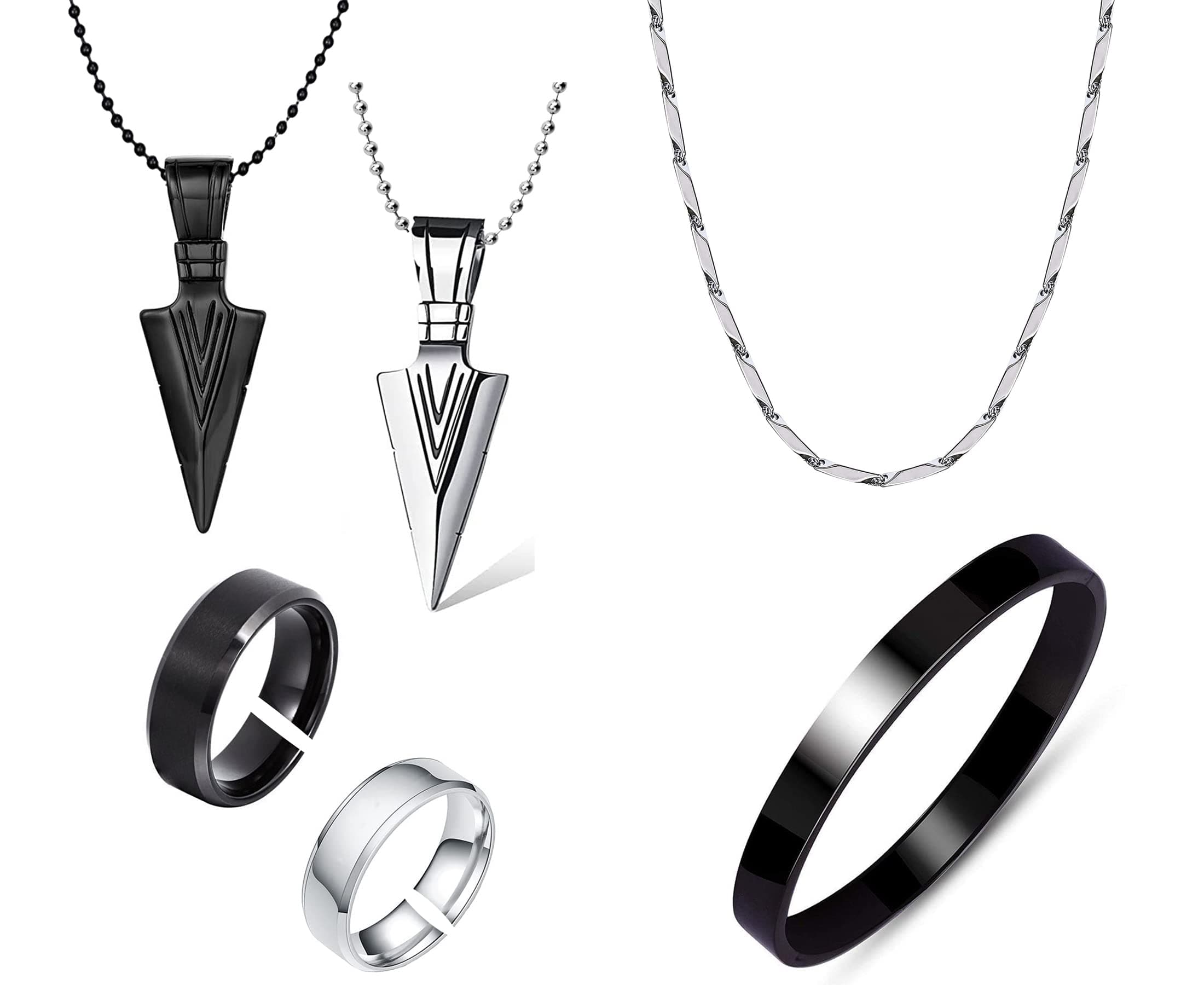 Okos Solid Black and Rhodium Plating Stainless Steel Jewellery Combo Set For Boys and Men PD1000878