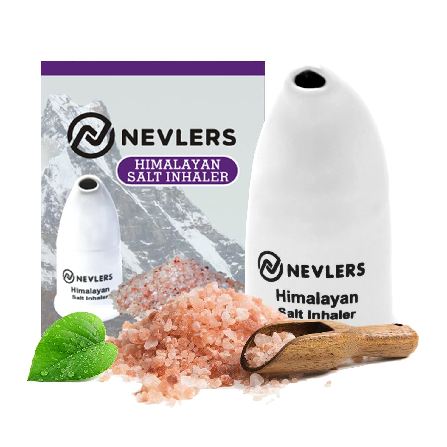 Nevlers White Himalayan Salt Inhaler for Lungs & Nose with 6 Oz Coarse Pink Himalayan Sea Salt | Portable Ceramic Himalayan Pink Salt Inhaler | Natural Homeopathic Relief