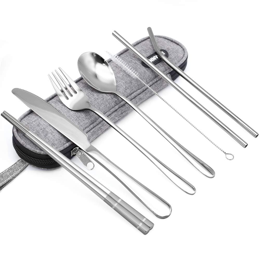 Annvchi Travel Camping Cutlery Set - Portable Silverware Set with Case and Straw, Straight Straw, Knife, Fork, Spoon, Chopsticks, Cleaning Brush 8 Piece (SIVER)