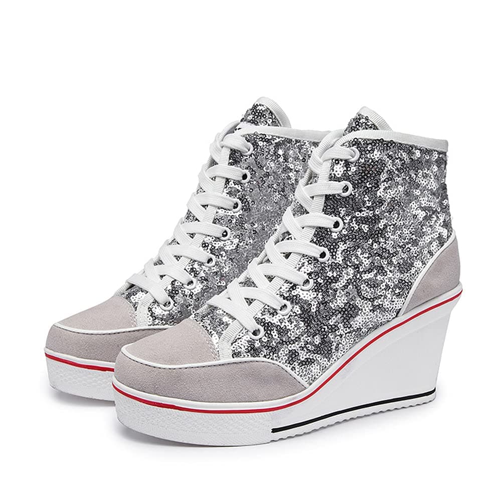 Mei MACLEOD Womens Wedge Sneakers High Top Booties Lace Up Platform Sneakers Fashion Sequins Shoes