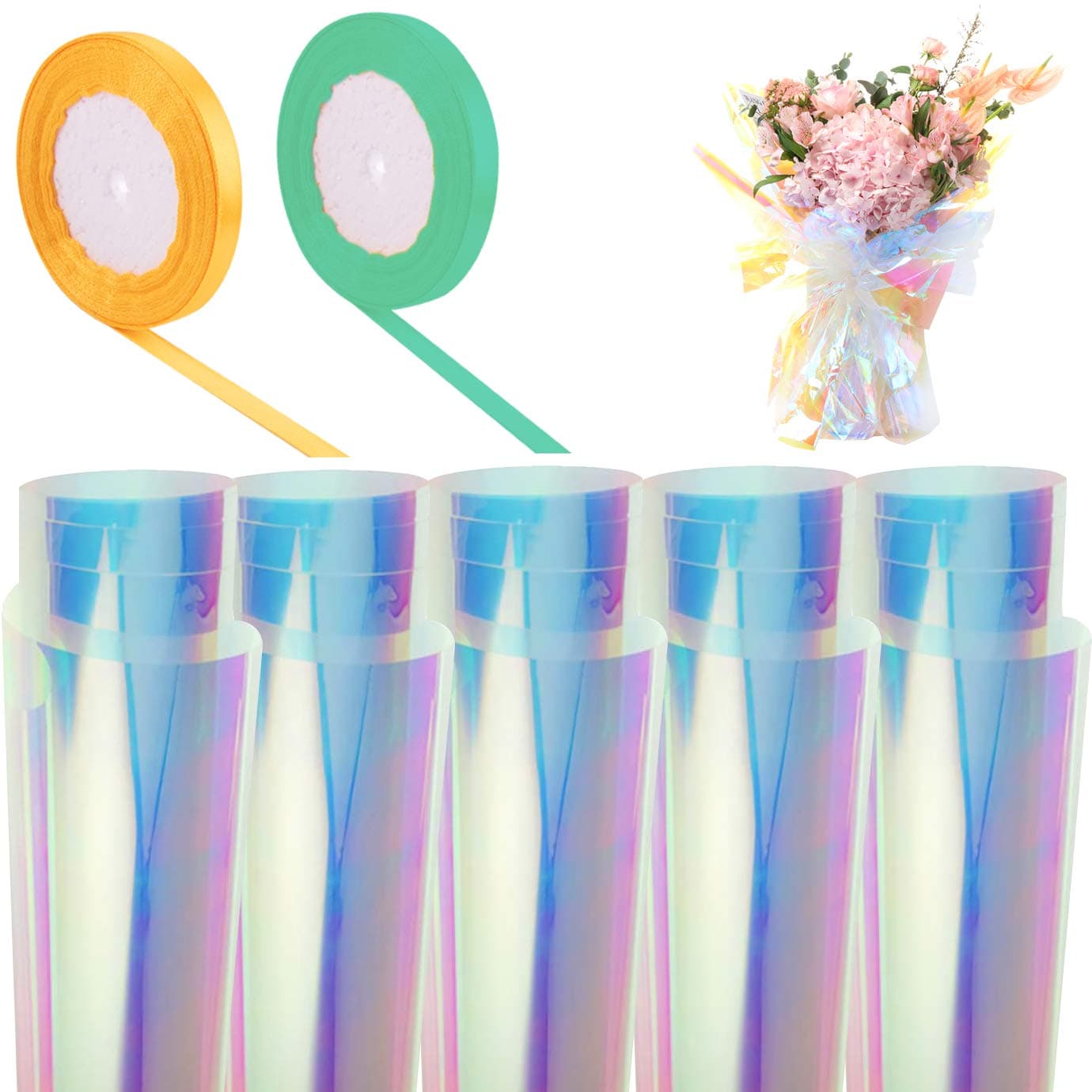 WXJ13 20 Pieces Cellophane Wrap Paper Iridescent Film Cellophane 60 cm X 50 cm Gift Wrap Rainbow Flower Wrapping Packaging Paper Come with 2 Rolls Satin Ribbon