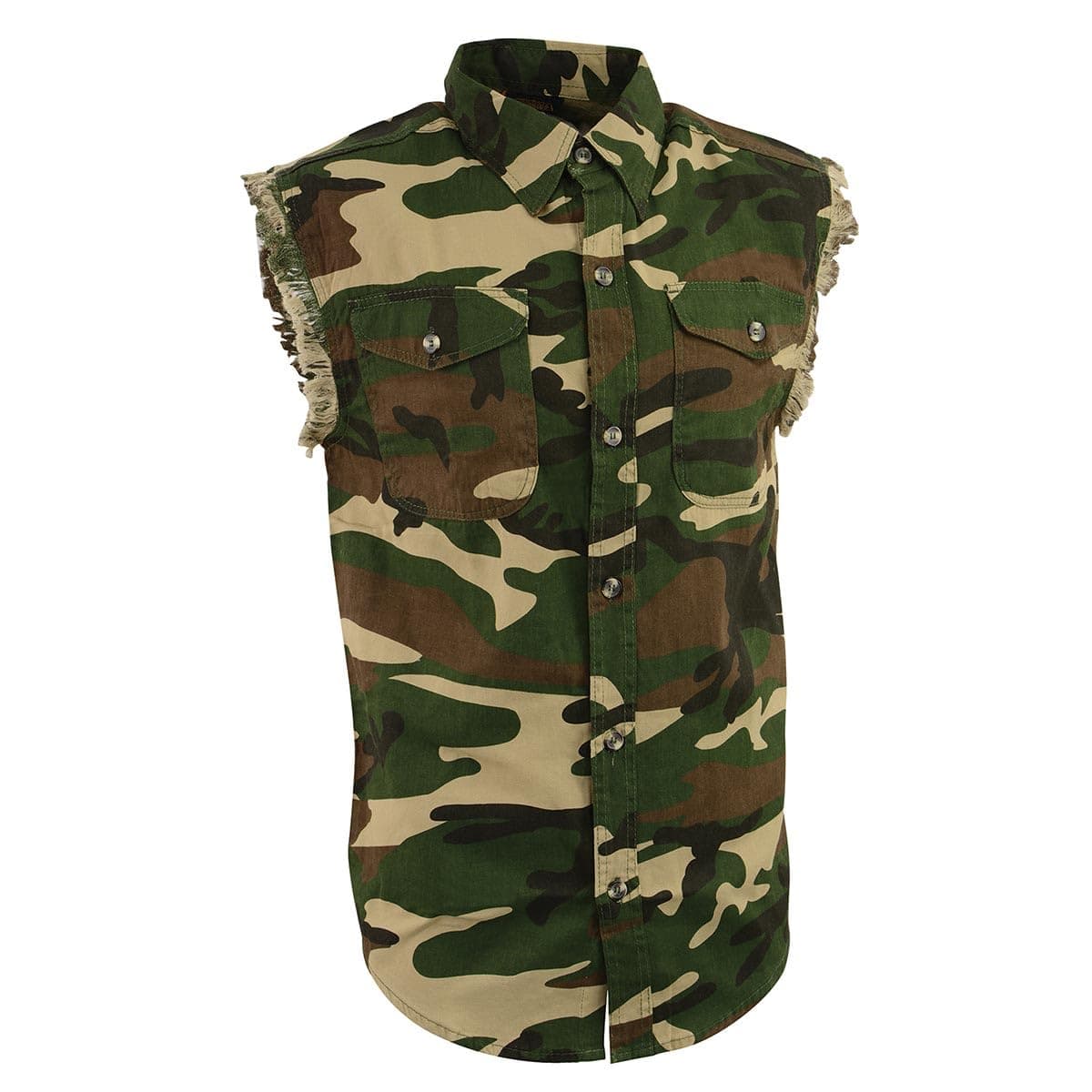 DM4010 Men's Camo Lightweight Denim Shirt with Vintage and Frayed Sleeveless Look