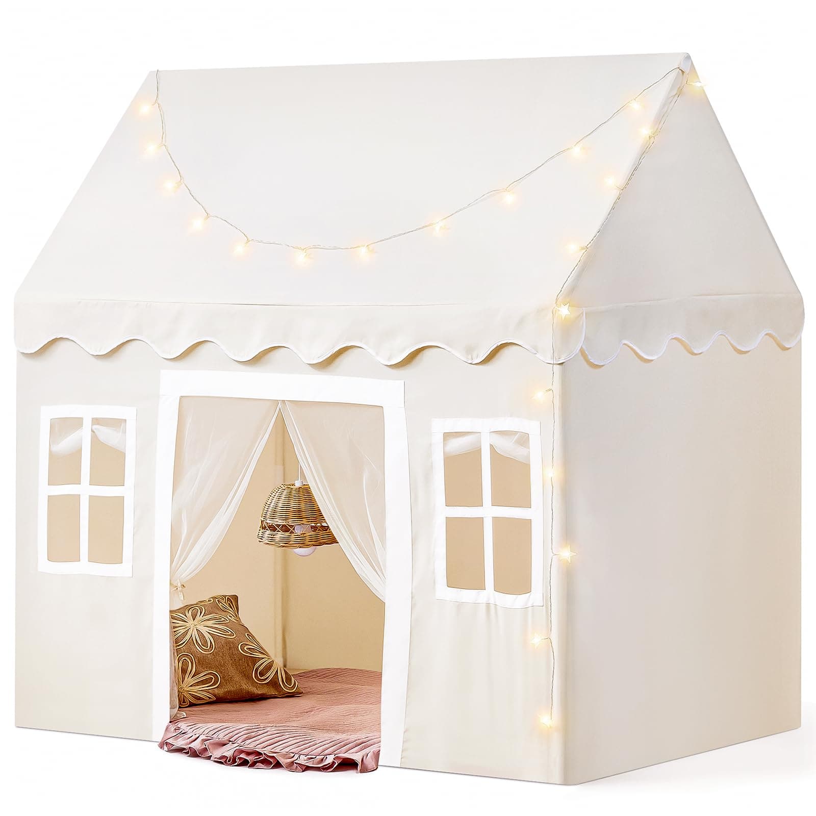 Play Tent With Mat And Lights, Kids Tent Indoor/Outdoor, Kids Play Tent With Windows, 52" X35" X 53", Large Toddler Tent For Kids Aged 3+, Kids Room Furniture, Off White, Playhouse Theme