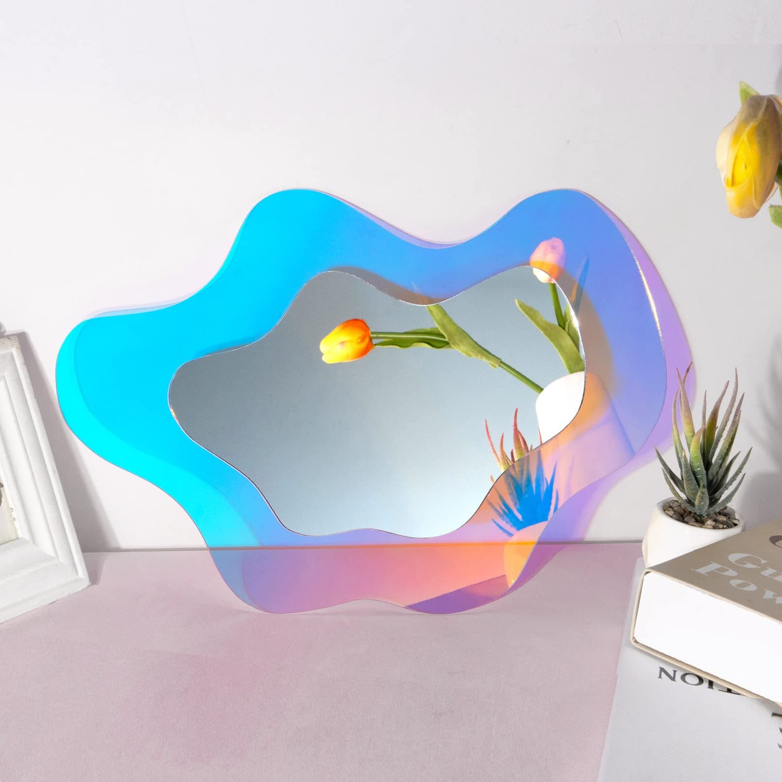 Irregular Wall Mirror Wavy Acrylic Rainbow Mirror Room Decor Aesthetic Mirrors Amorphic Vanity Retro Mirrors for Bedroom Living Room Bathroom Entryway Wall Decor ( Clouds Style, 15.5 x 10.5 Inches )