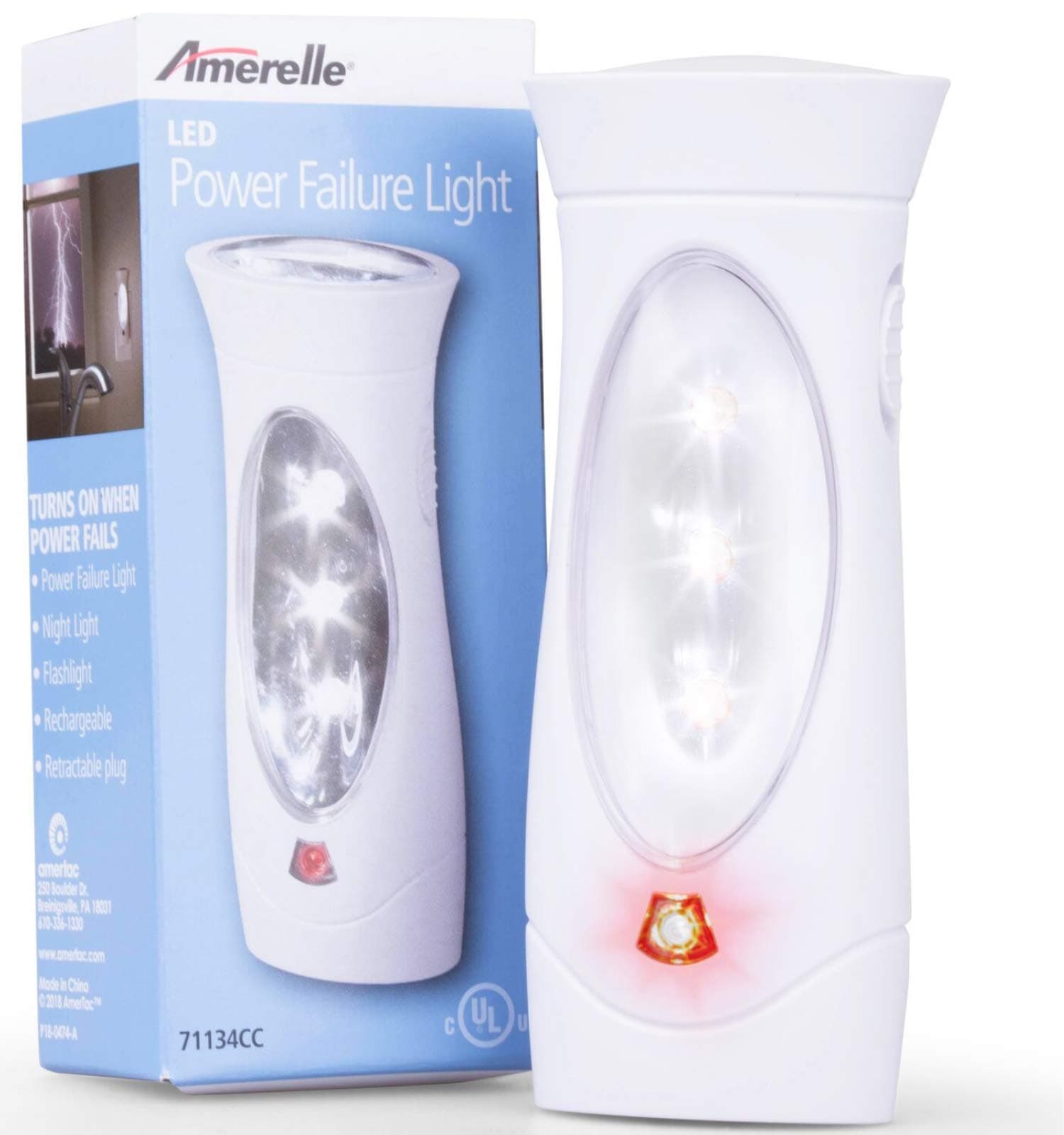 Amerelle LED Emergency Lights For Home Power Failure – Triple Function Power Failure Light and Plug In Flashlight Combo, With Rechargeable Battery – Be Snow Storm & Hurricane Ready (71134)