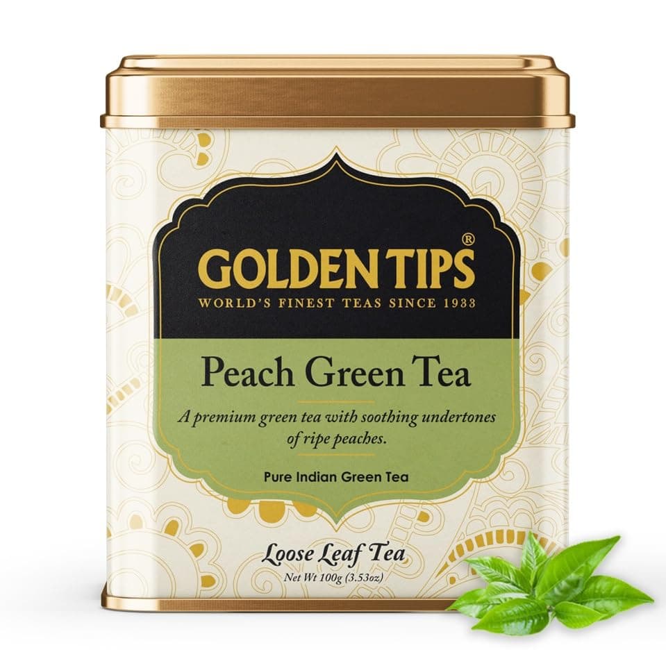 Golden Tips Premium Green Tea with Ripe Peach Flavor, Refreshing Antioxidant-Rich Loose Leaf Tea Tin Can, Aromatic & Fruity with Mild Color, Soothing Aftertaste (100 Gram, 50 cups)