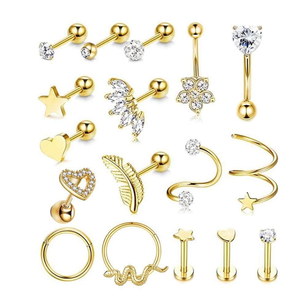 LYLYMIMI 16G Cartilage Earring Studs Hoops Set 316L Stainless Steel Cartilage Piercing Jewelry for Women Men Conch Rook Helix Tragus Daith Forward Tragus Piercing Jewelry 17Pcs