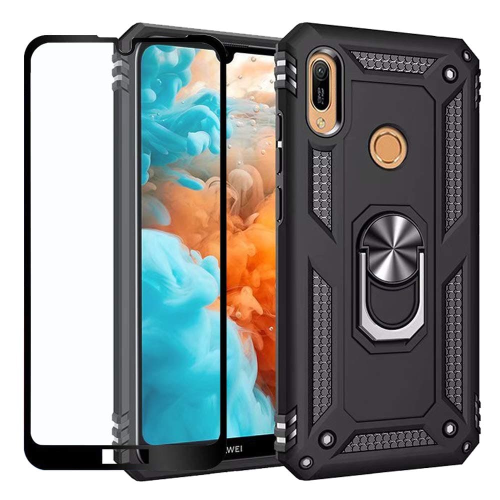 for Huawei Honor 8A/Honor Play 8A/Y6 2019 Case,Heavy Duty Shockproof Protection Built-in 360 Rotatable Ring Magnetic Car Mount Case Cover with Screen Protector for Huawei Y6 2019(Black)
