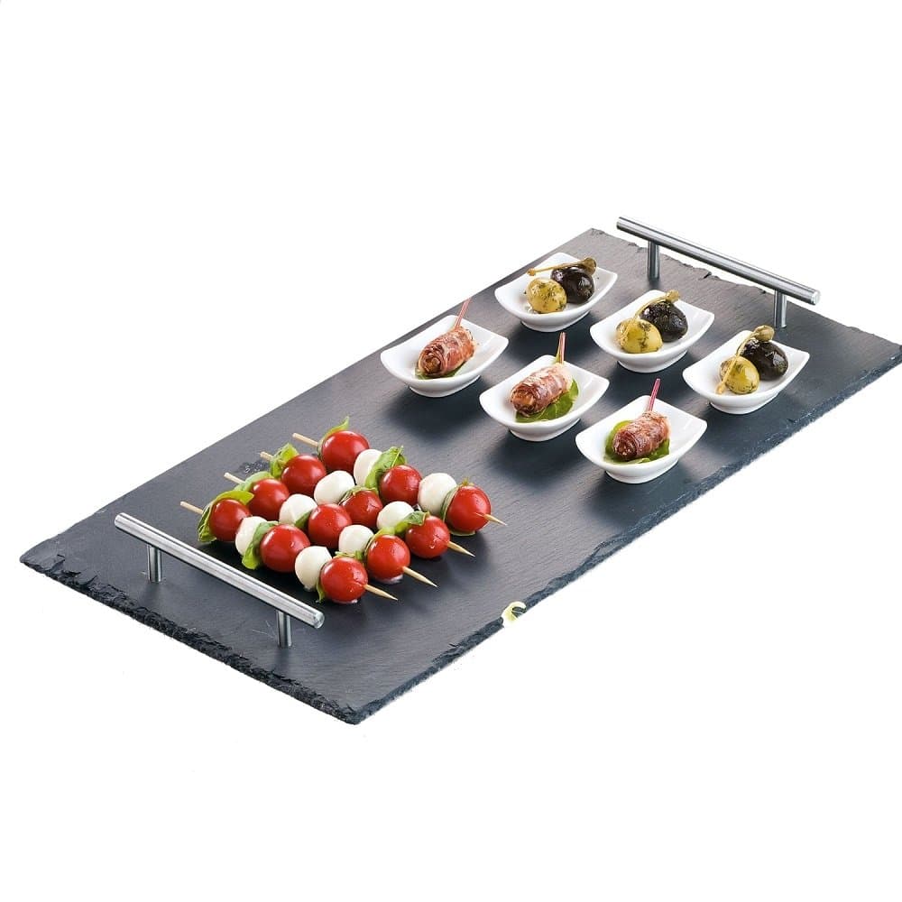 Natural Slate Rectangular Serving Tray with 2 Handles Chrome 30x45 cm