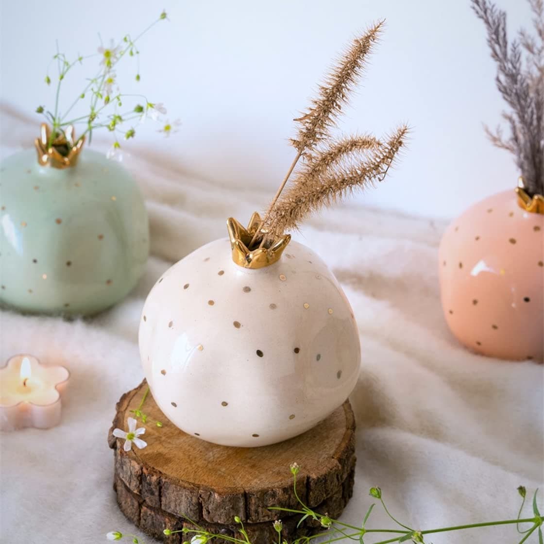 Glimpse Homes | Ceramic Pomegranate Showpiece with Gold Plated Crown, Artificial Fruit, 4 inch (Off-White)