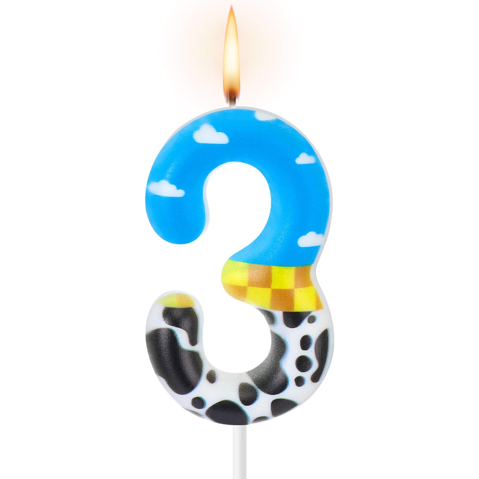Toy Inspire Game Birthday Number Candles Cartoon Cake Topper Blue Sky and White Cloud Cow Birthday Candle for Boy Girl Party Decor Supplies(Number 3)