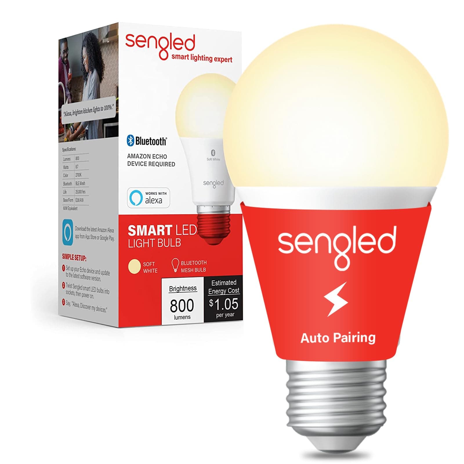 Sengeld Smart Bulb, Alexa Light Bulbs E27, Bluetooth Dimmable LED Bulbs That Work with Amazon Alexa Smart Home Devices, Smart Light Bulbs Energy Saving 60W, 806LM 2700K Remote Control, 1 Pack