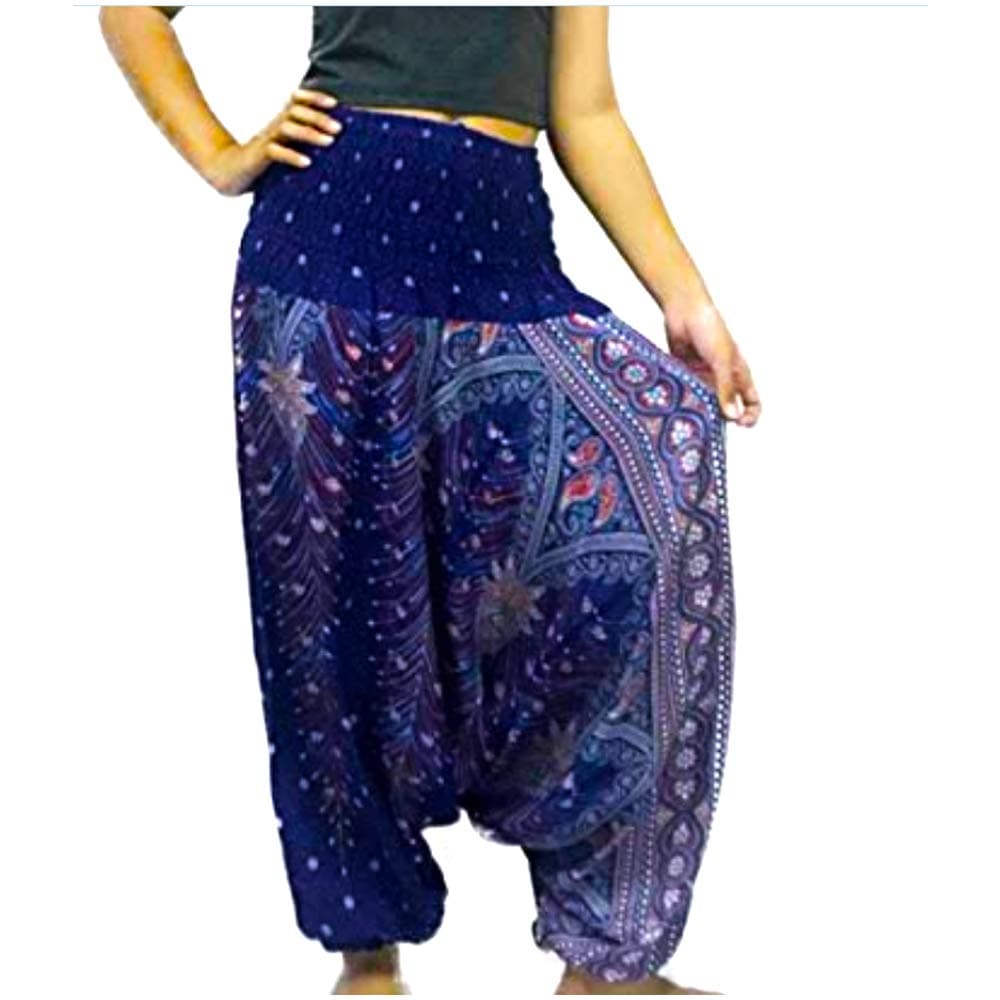 Women's Patterned Blue Loose Comfortable Elastic Light Boho Pants