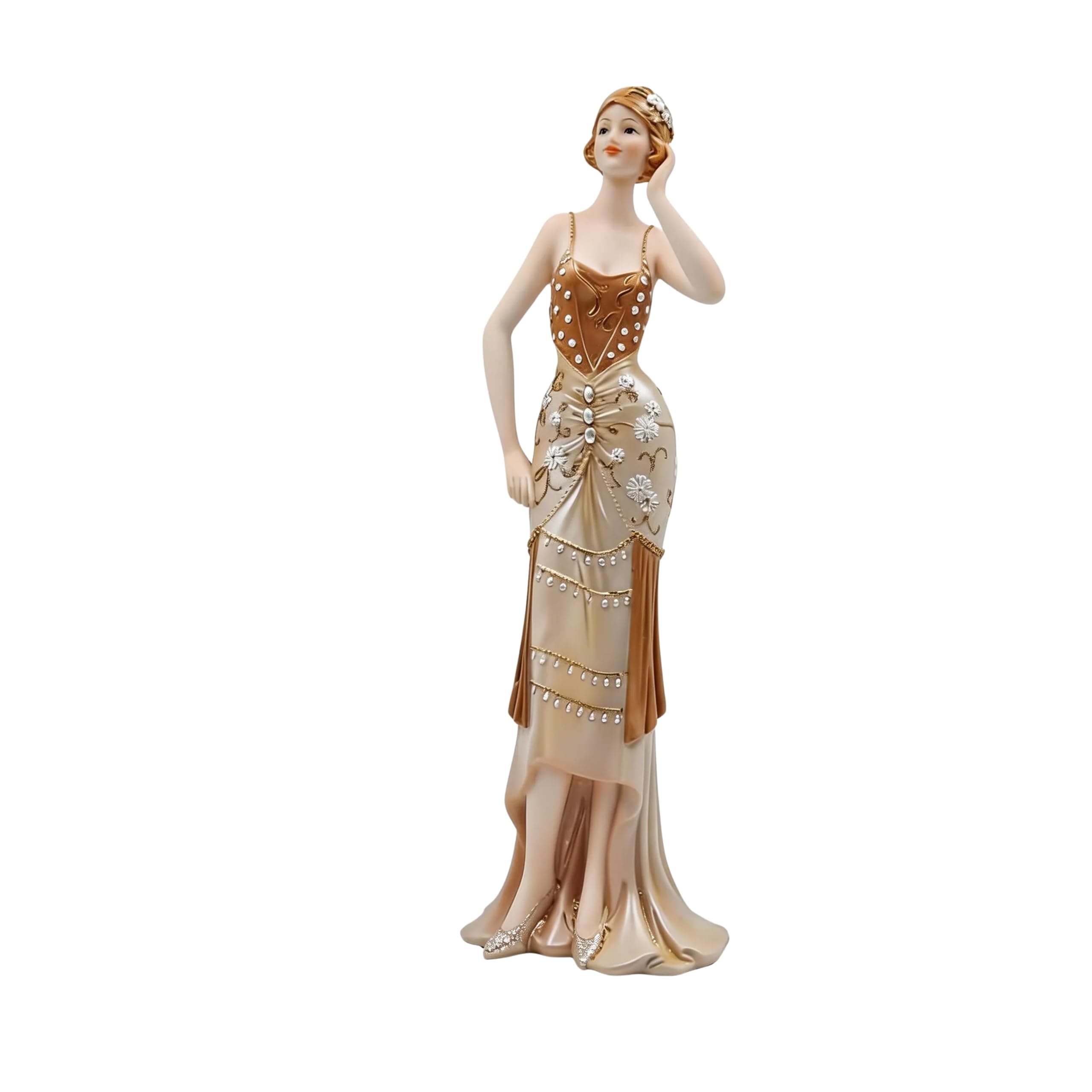 Comfy Hour 13" Glamour Elegance Art Deco Lady Figurine, Elegant Standing Woman Statue in Shimmering Gold and Tan Gown, Roaring 20s Style Desktop Decor Accent, 1 Unit