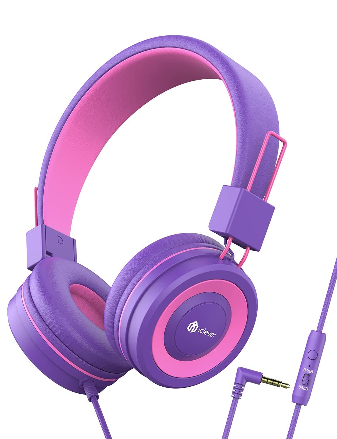 iClever Kids Headphones - Wired Headphones Kids, Adjustable Headband, Stereo Sound, Foldable, Untangled Wires, 3.5mm Aux Jack, 94dB Volume Limited - Childrens Headphones on Ear (Rose)