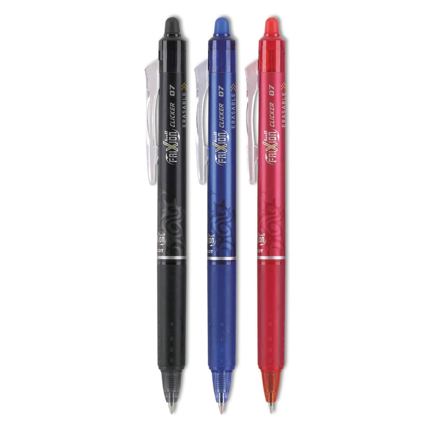 Pilot FriXion Clicker Erasable Gel Pens, 0.7mm, Black/Blue/Red, 3-Pack