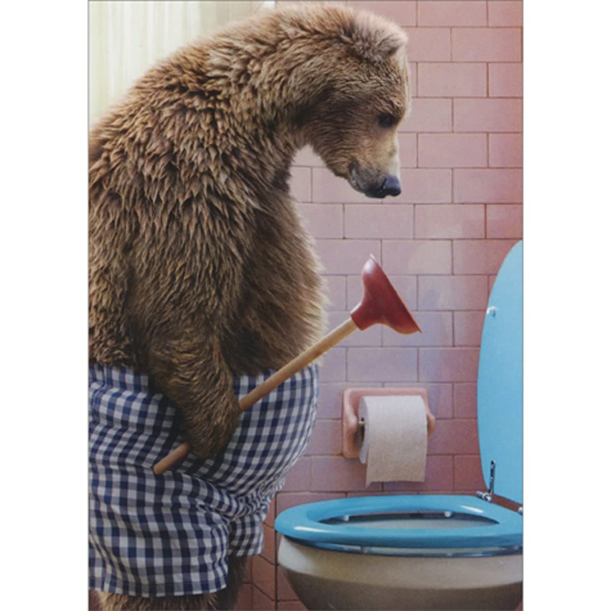 Bear Holding Toilet Plunger Over Blue Toilet Gross Funny/Humorous Birthday Card