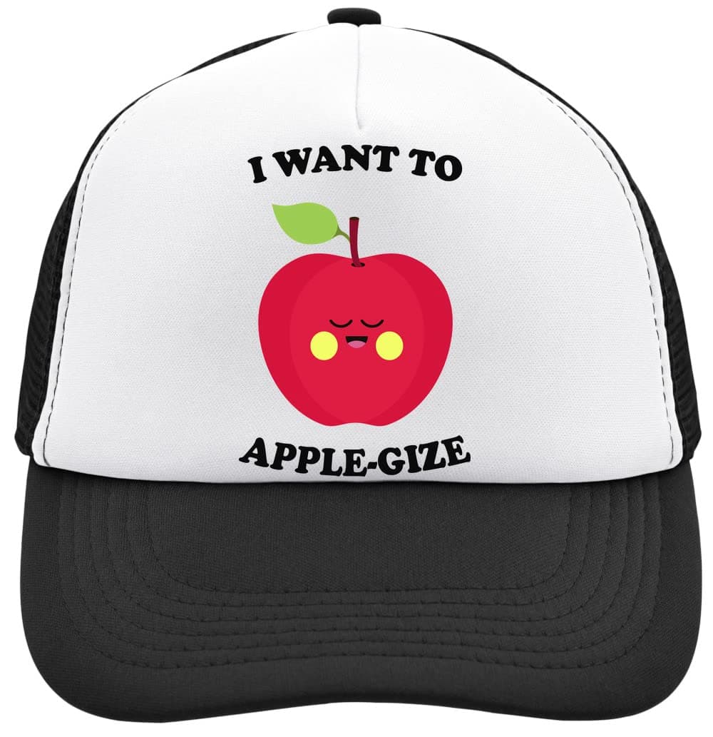 I Want to Apple-Gize Sad Apple Mesh Back Trucker Cap Adjustable Snapback Hat Casu Black
