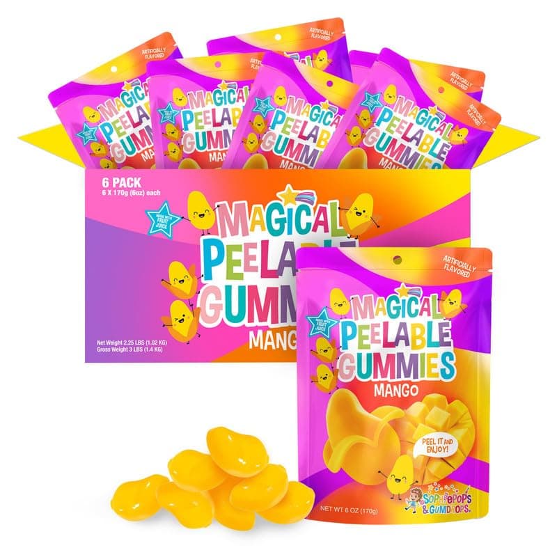 Sophiepops & Gumdrops Magical Peelable Mango Gummies, Gummy Fruit Snack, Mango Peeling Candy for Kids and Adults, Fat, Nut and Gluten Free Snacks for Kids Snack Box, Any Party or On-The-Go, 6 oz, 6 pack