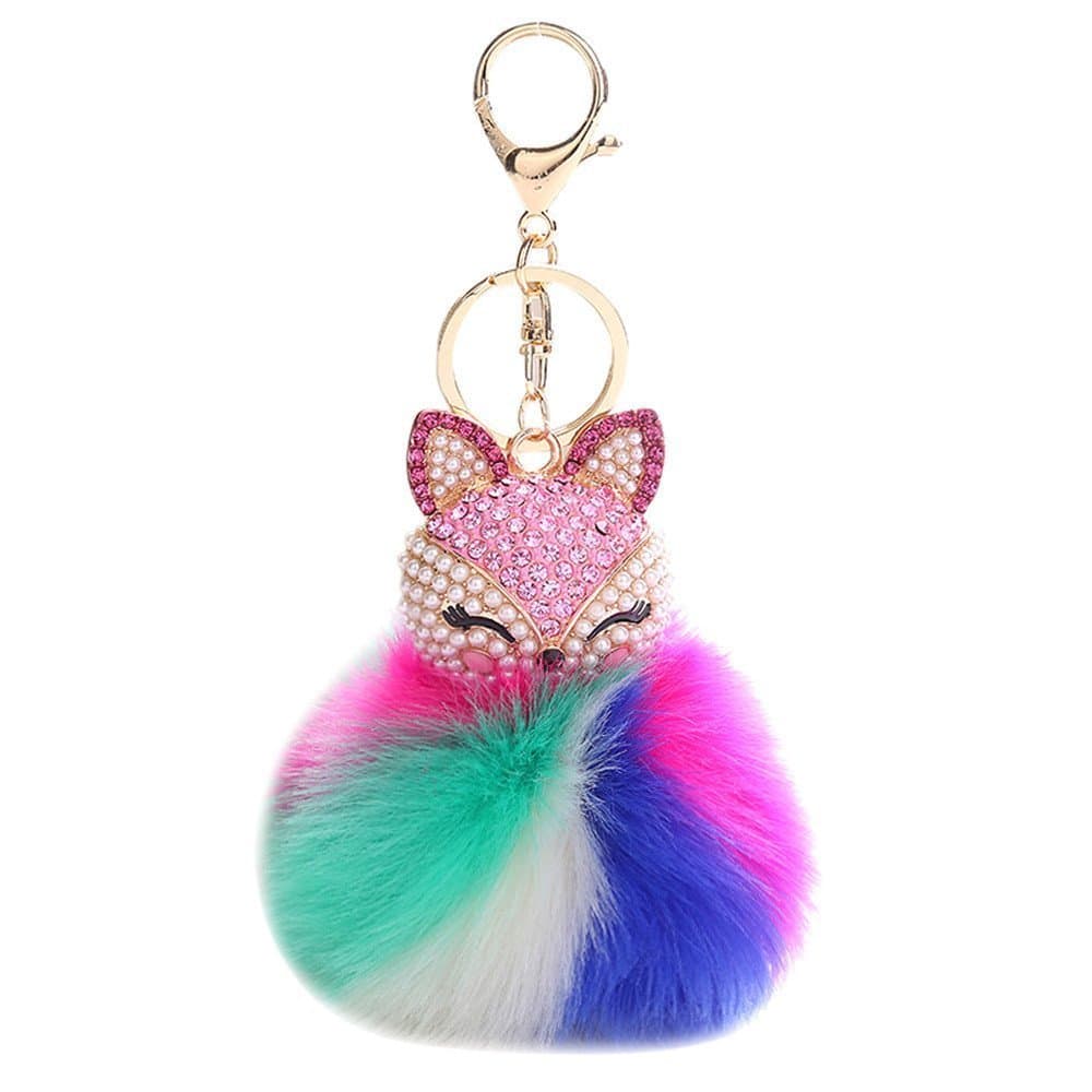 HXINFUReal Rabbit Fur Pom Pom Ball Keychain Fox Head Fluffy Ball Keychain