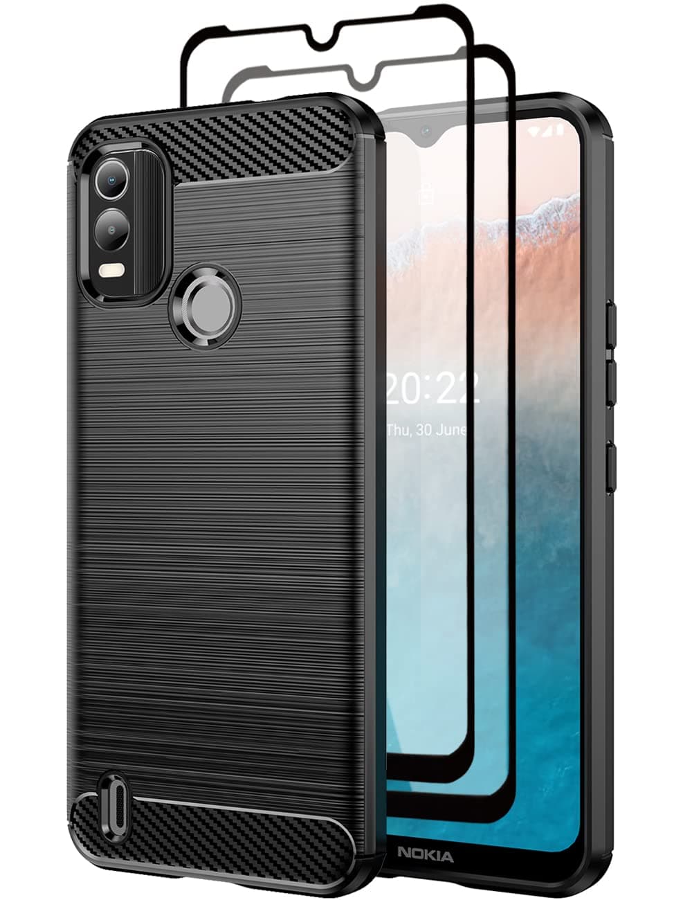 TeayohaCase for Nokia C21 Plus,with Tempered Glass Screen Protector [2 Pack], Carbon Fiber Scratch Resistant, Shock Absorption Soft TPU Drawing Protective Cases Phone Cover - Black