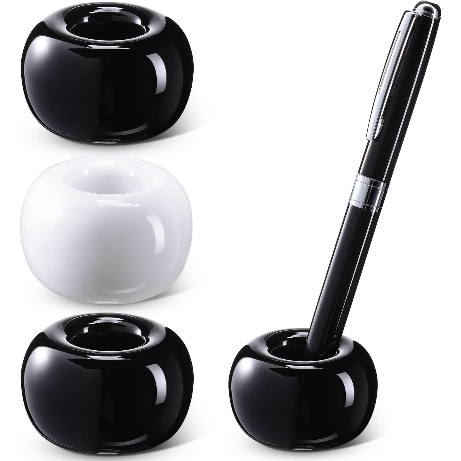Newtay 3 Pcs Ceramic Pen Holder Sleek Mini Ceramic Toothbrush Holder Stand for Bathroom Vanity Countertops Single Pen Stand for Desk Home Office School Students Teachers, Black and White