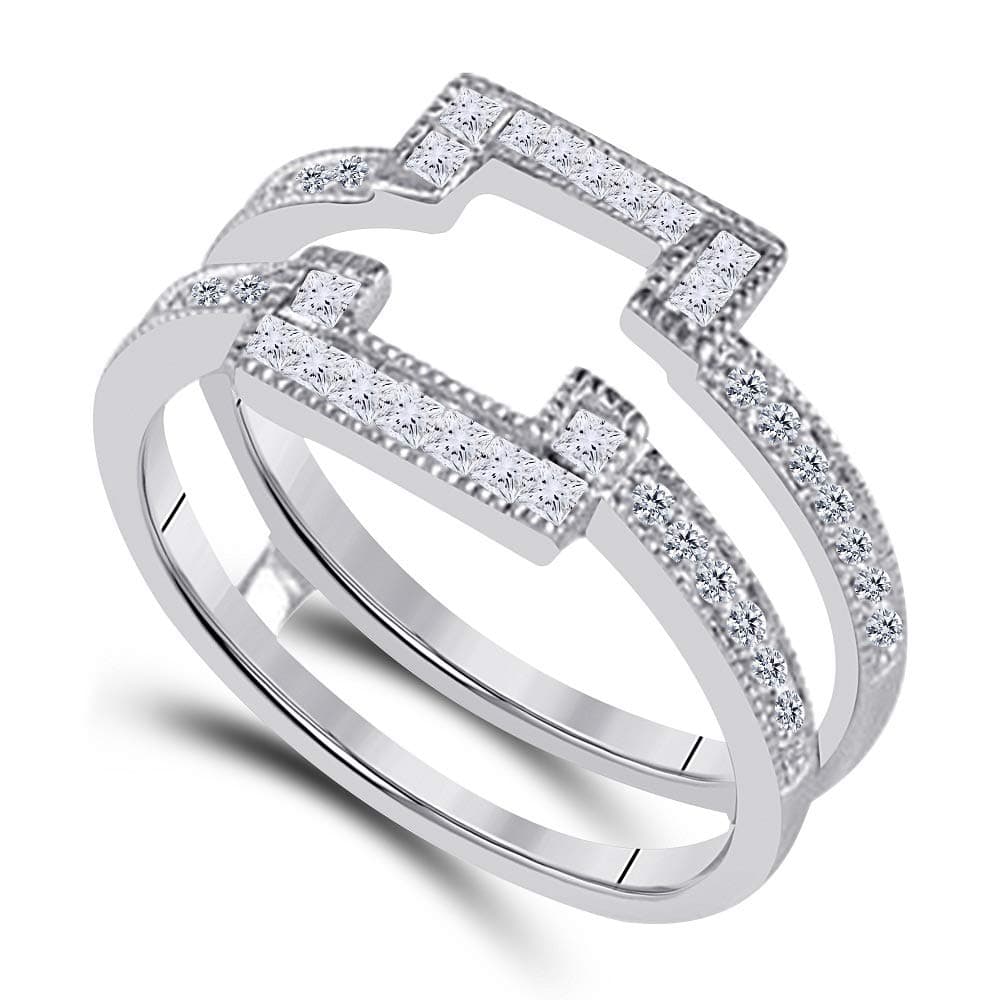 Princess Cut 14K White Gold Plated 3/8 Ct Cubic Zirconia Antique Style Halo Ring Guard for Princess, Round Ring Size 7
