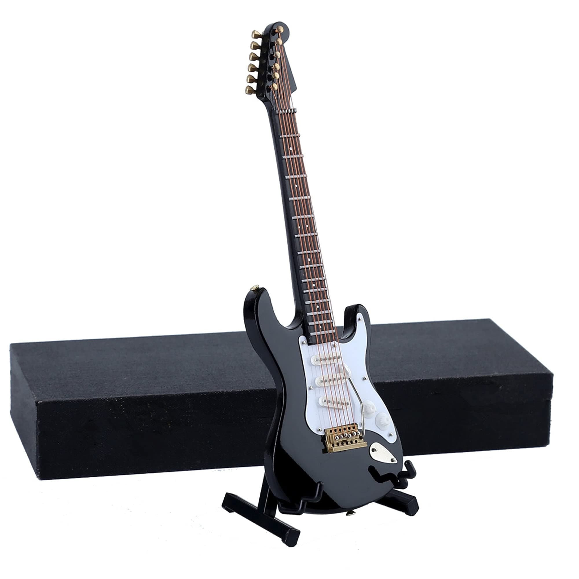Wooden Miniature Electric Guitar with Stand and Case Mini Musical Instrument Electric Guitar Replica Collectible Figurines Model Home Decoration Display Ornament (Black, 7.09"x2.27"x0.54")