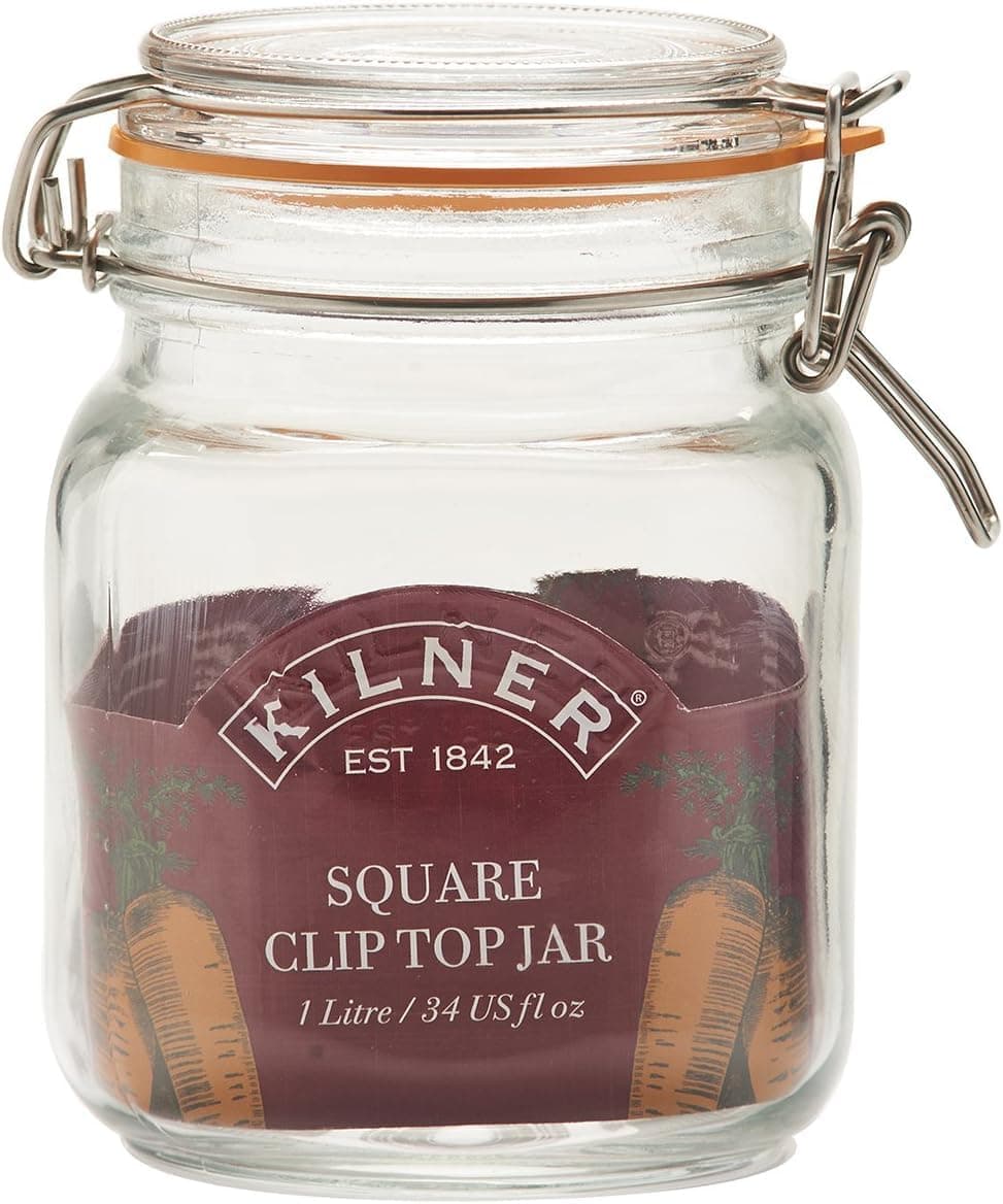 Kilner Square Clip Top Jar 1L (1000ml) Airtight Glass Jar for Pickling Vegetables Preserving Chutneys Storing Coffee Beans Nuts Pasta Dry Foods
