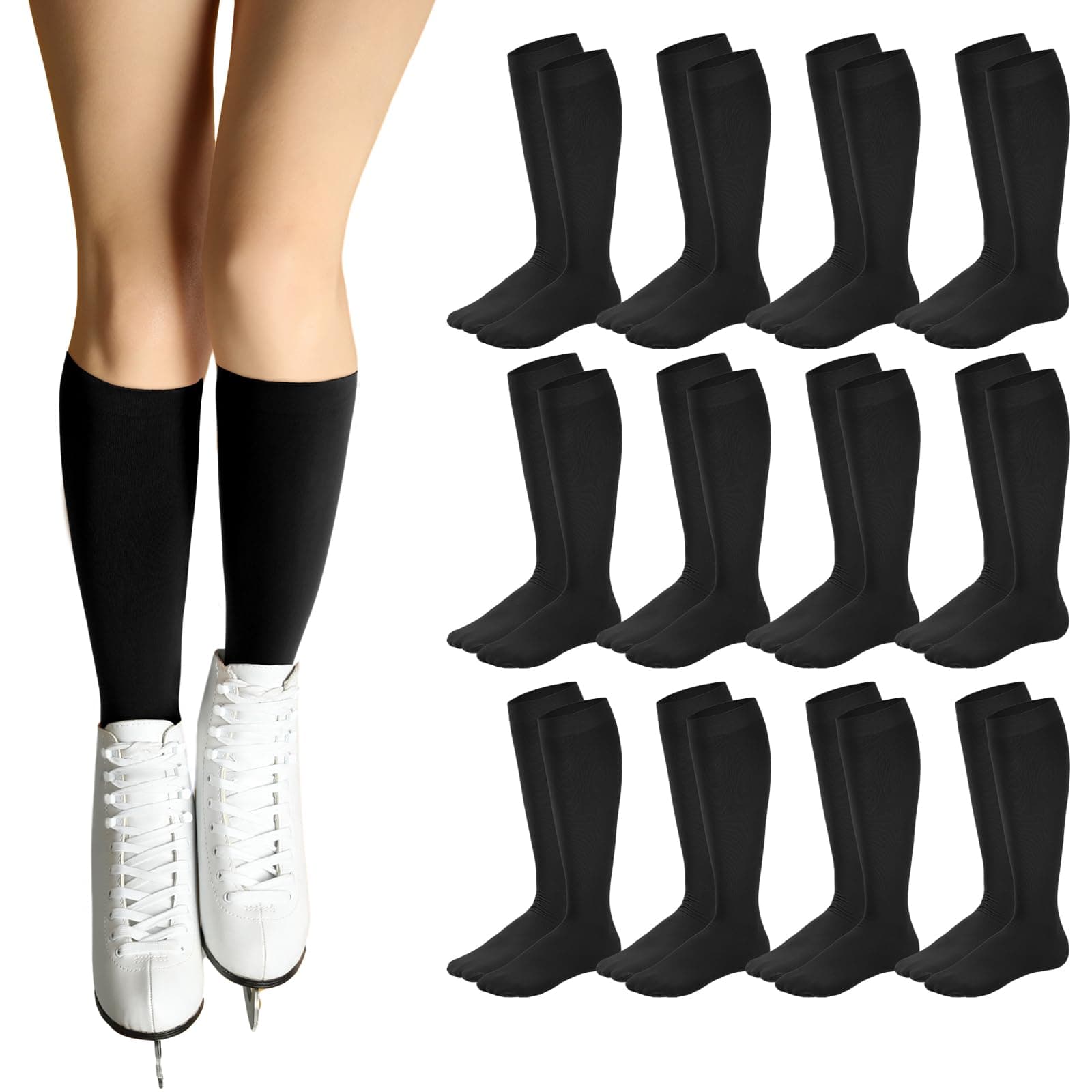 12 Pairs Figure Skating Socks for Women Men Kids Ice Skating Socks Solid Color Roller Skate Socks
