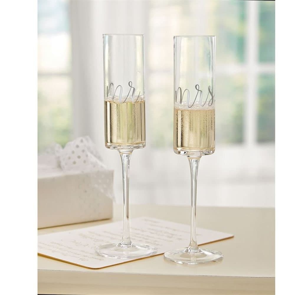 Mud Pie Mrs. Wedding Champagne Glass Set, One Size, Silver, 9 fluid ounces, 2 Count (Pack of 1)