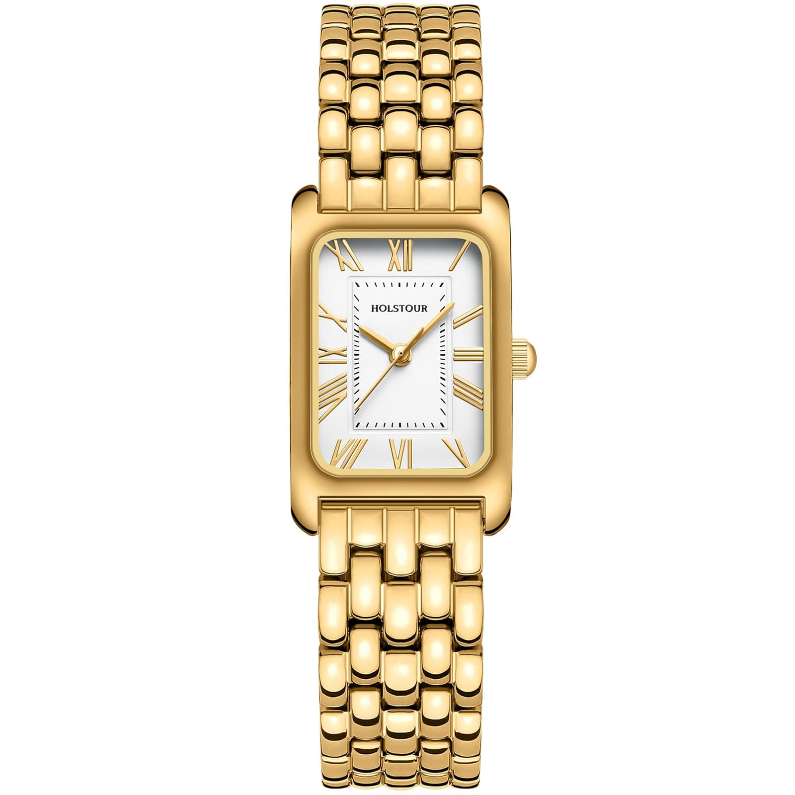 Women's Watch Gold Vintage Stainless Steel Strap Rectangle Case White Dial Small Size Ladies Gold Watch with Tools, White - Gold