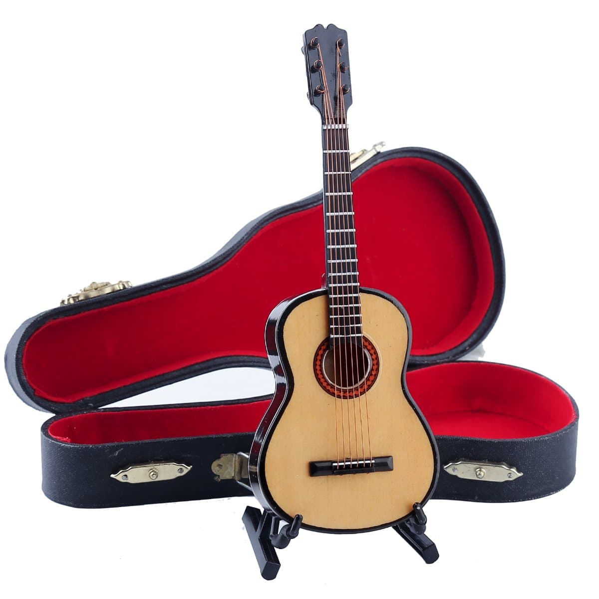Wooden Miniature Guitar with Stand and Case Mini Musical Instrument Guitar Replica Collectible Figurines Dollhouse Accessories Model Home Decoration Display Ornament (6.51"x2.28"x0.89")