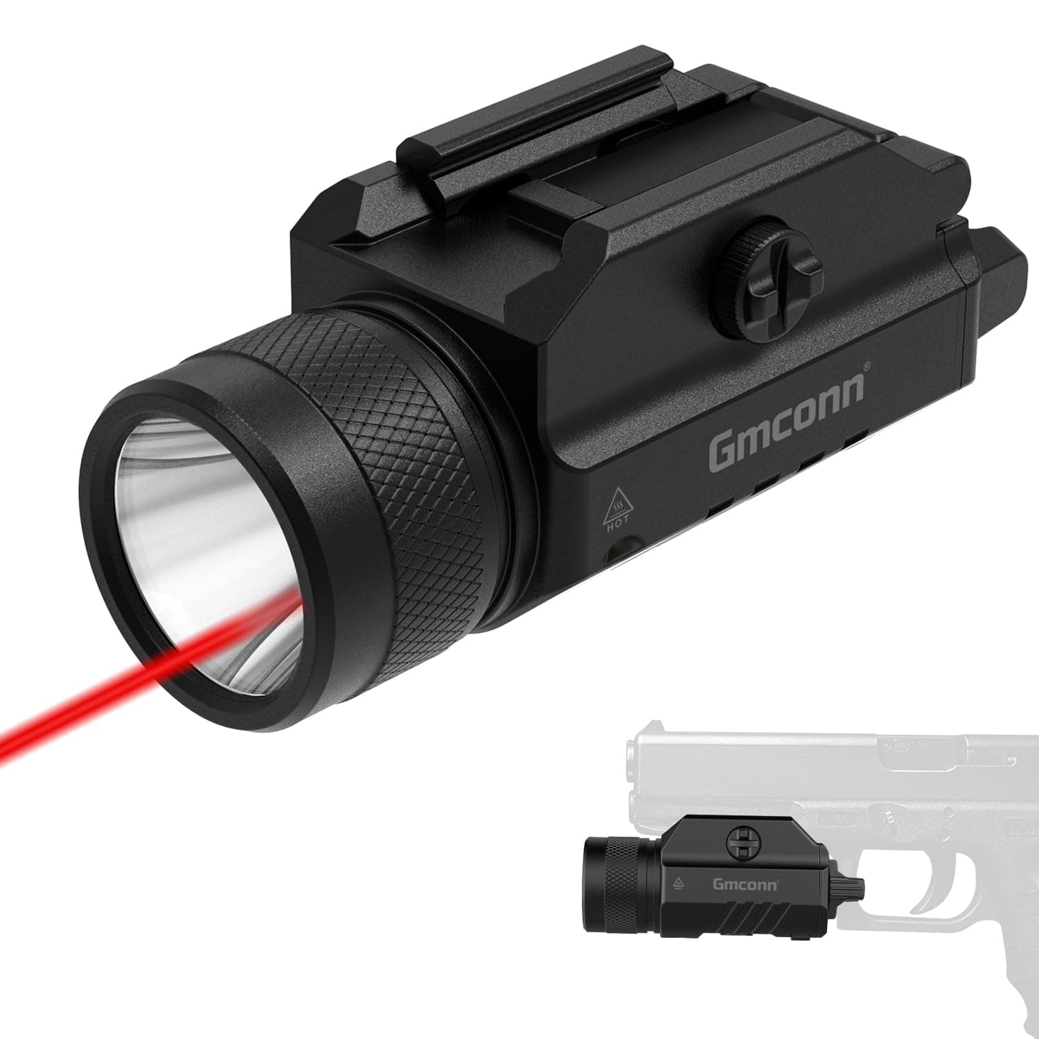 Gmconn 1250 Lumen Tactical Flashlight Red Laser Light Combo, Rechargeable Pistol Light with Strobe/Momentary Compatible with Picatinny