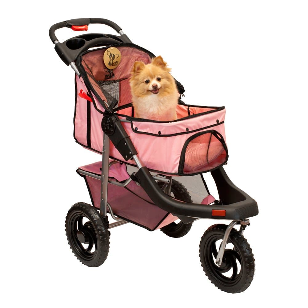 One Hand Closure Folding 3 Wheel Dog Cat Pet Jogging Stroller Carrier Light Pink