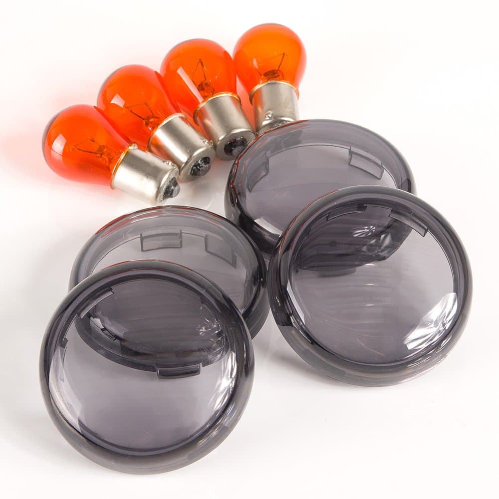 KiWAV Smoked Gray Lens cover with 4 pcs Bulbs compatible for Harley-Davidson bullet style turn signal indicator
