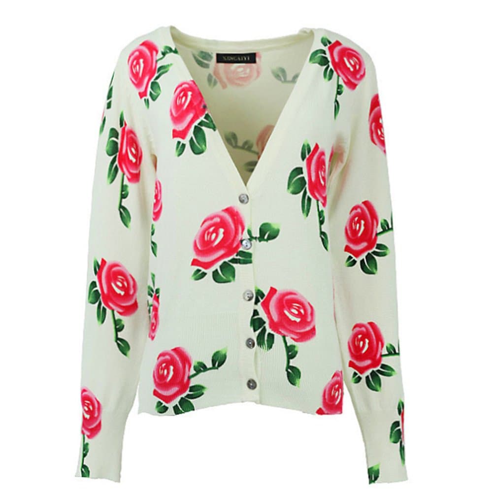 LOCOMO White Colorful Rose Flower Floral Print Pattern Cardigan Shrug White, One Size