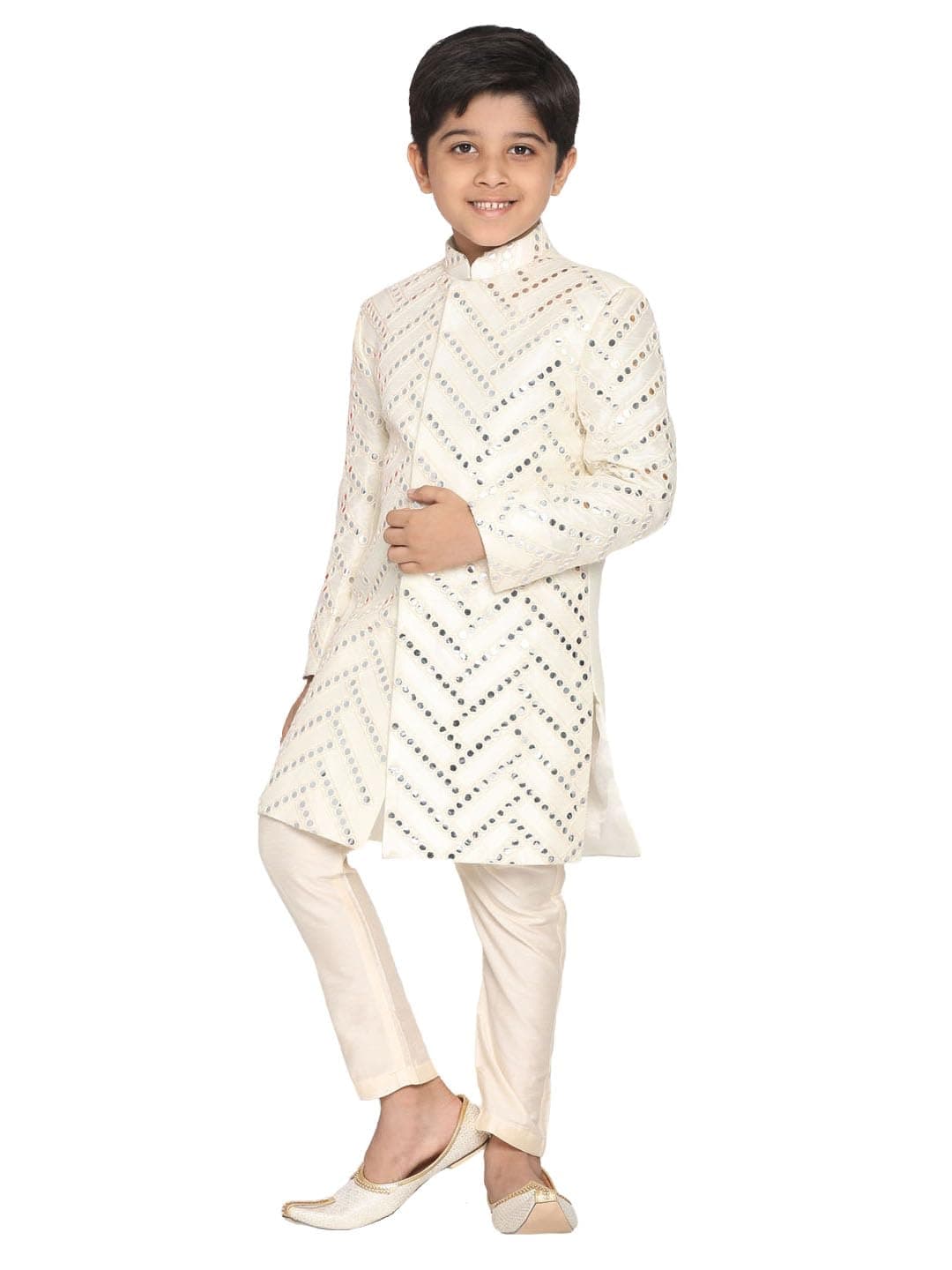 VASTRAMAY Boys' Silk Blend Indowestern Sherwani Set with Mirror Work and Pant Style Pyjama