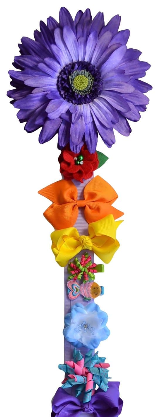 Hair Bow and Headband Holder DELUXE Accessories Storage and Organizer with BLOOMING Daisy (Lavender Ribbon with Purple Flower)