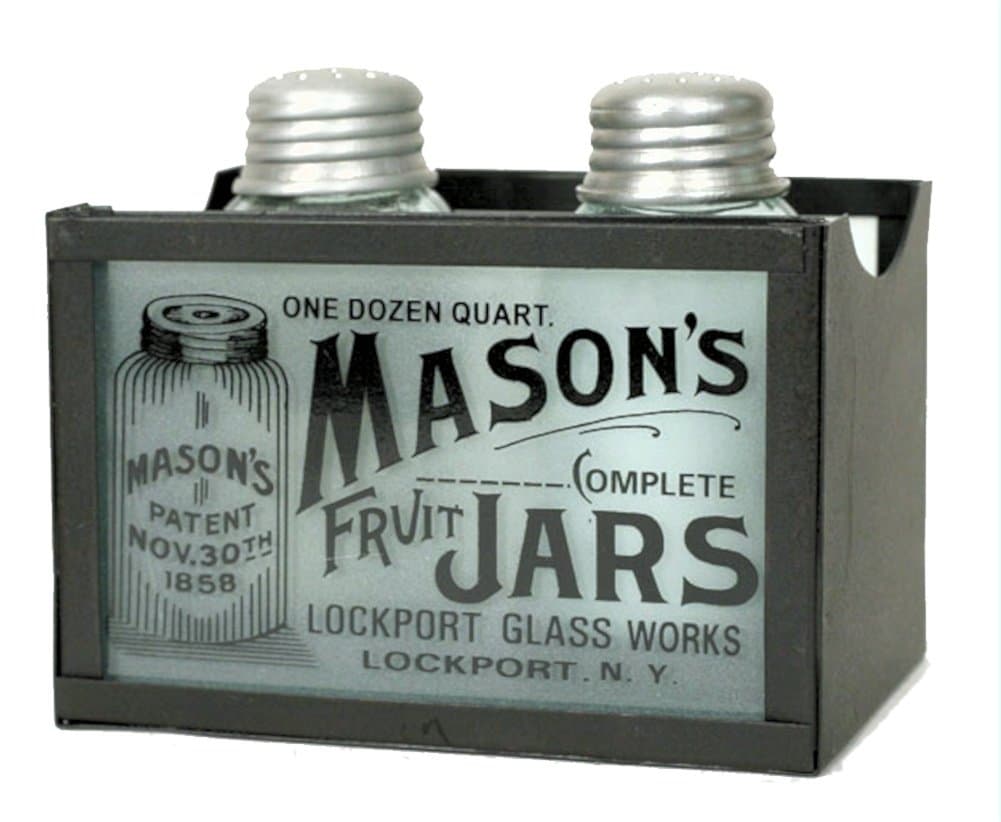 Mason's Jars Salt and Pepper Shakers with Caddy in Rustic Brown by Colonial Tin