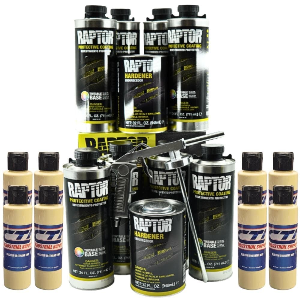 Raptor Truck Bed Liner Kit with Colored Desert Tan Tint and Spray Gun - 8 Liters - Protective Spray On Paint for Coating Trucks, Tailgates, Vehicle Undercoating - Tintable Bedliner Formula