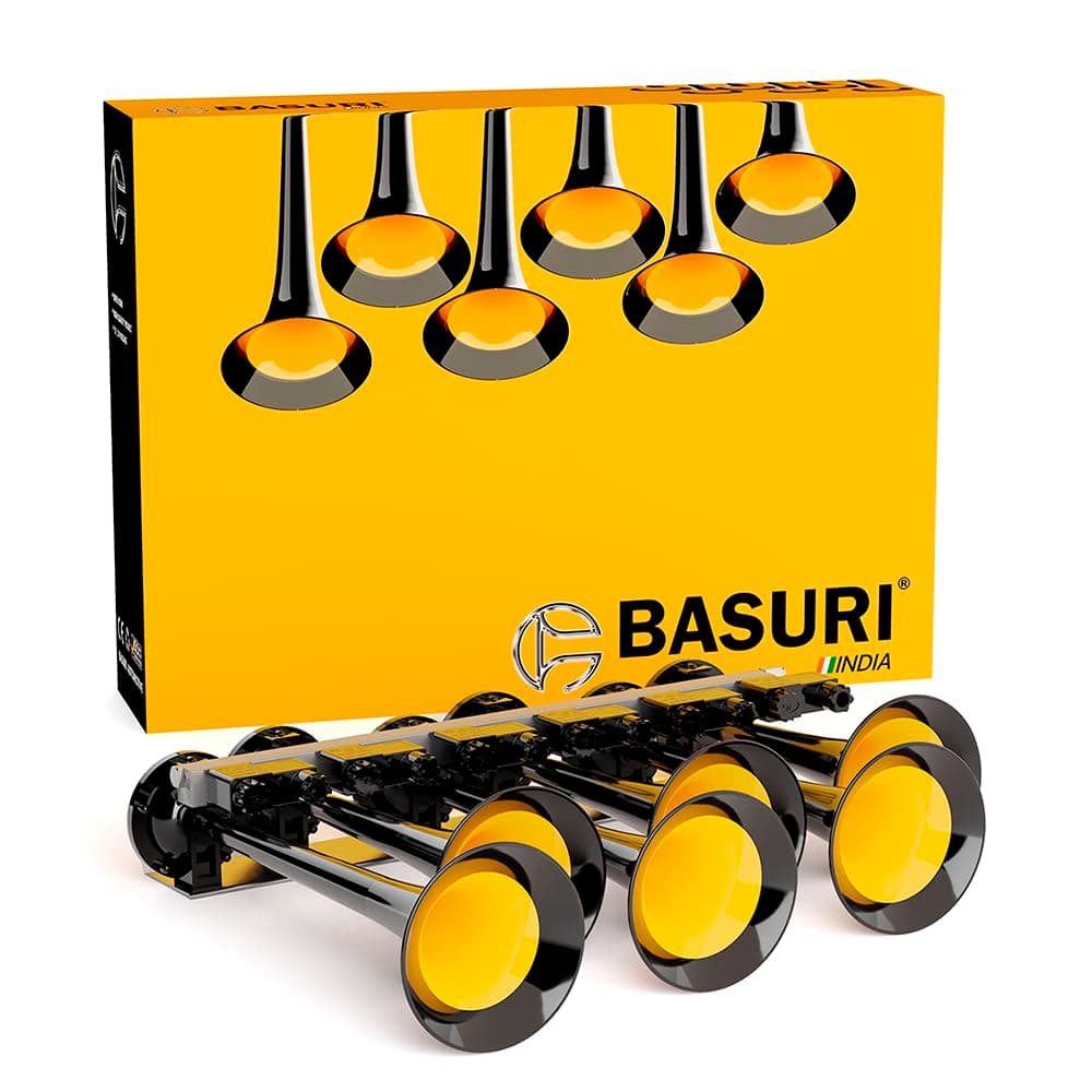 BASURI® Musical Air Horn | 12/24 Volt | 130 DB | Version (Baby Shark 1.0) 31 Super Loud Melodies (Sounds) 6 Pipe (Trumpets) With Turbo Controller For Bus, Truck and Heavy Duty Vehicles