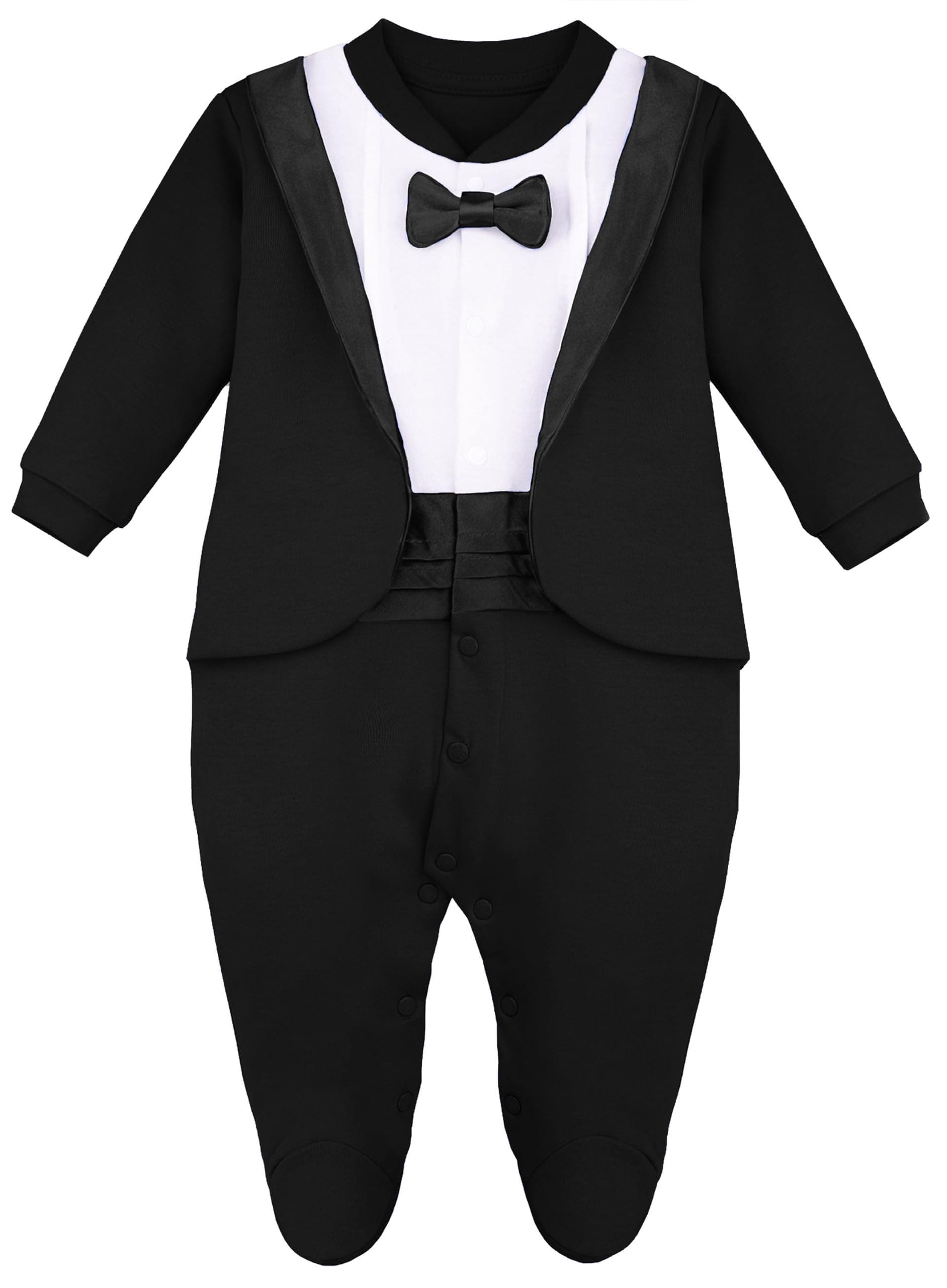 Baby Boy Gentleman Tuxedo Footie Christmas Holiday Outfit with Bow Tie